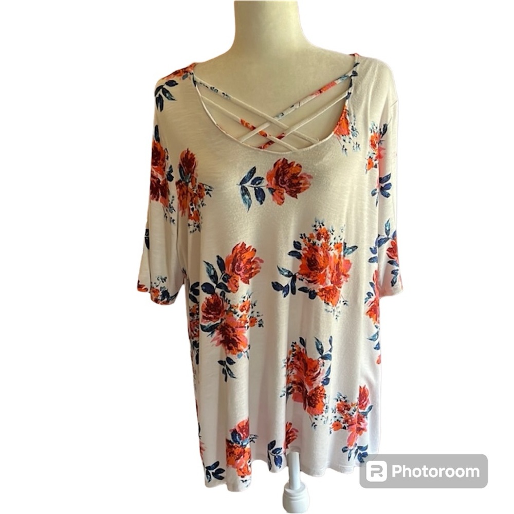 Cato Off White Floral Lattice Cut Out Tunic Top Size XL